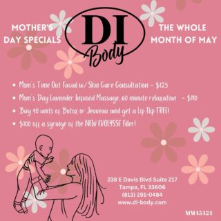 🌸 Mother’s Day Specials — ALL MAY LONG! 🌸

Celebrate the moms, the mother figures, and yourself with a little well-deserved pampering 💆‍♀️✨

Enjoy special pricing all month on:
💖 Massages
💖 Facials
💖 And so much more!

PLUS — check out our newest aesthetic innovation, Evolysse, the latest injectable from Evolus designed to keep you glowing and refreshed 💉🌟

Treat someone you love (or YOU) to the ultimate self-care gift.

#dibody #davisislandsmedspa #mothersdayspecials❤️ #allmaylong #evolysse